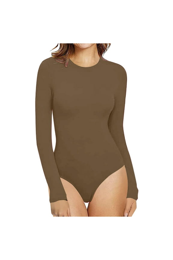 Onesises Womens Crew Neck Long Sleeve Bodysuit Comfortable Against The Skin Tops Body Suits Women Clothing Coffee L