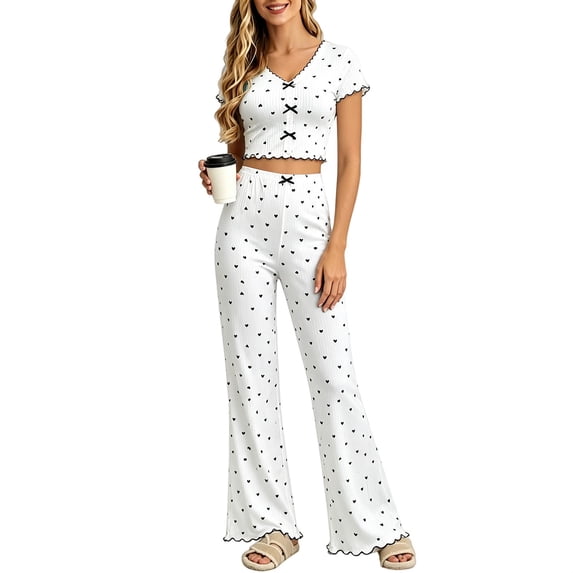 Harpily Pajama Set for Women 2 Piece V Neck Heart Print Short Sleeve Top and Full Length Pants for Multi Scene Sleepwear S