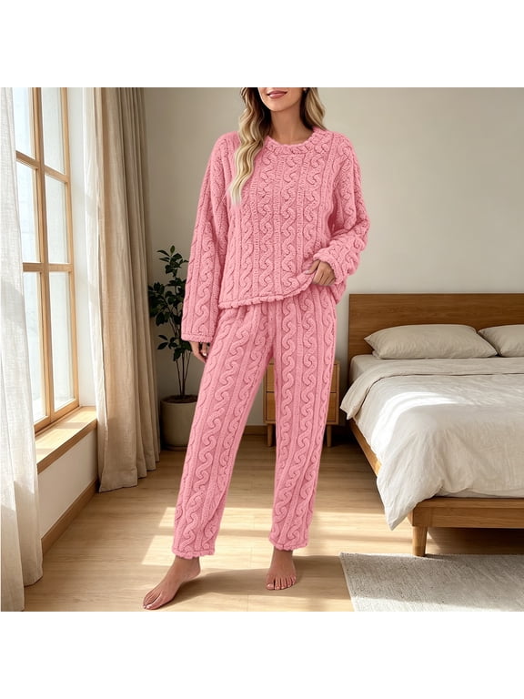 Pajama Sets for Women 2 Piece Crew Neck Long Sleeve Pullover Top and Elastic Cuff Jogger Pants Winter Warm Womens Lounge Sets for Home Casual Suits