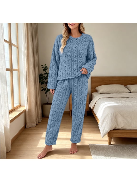 Pajama Sets for Women 2 Piece Crew Neck Long Sleeve Pullover Top and Elastic Cuff Jogger Pants Winter Warm Womens Lounge Sets for Home Casual Suits