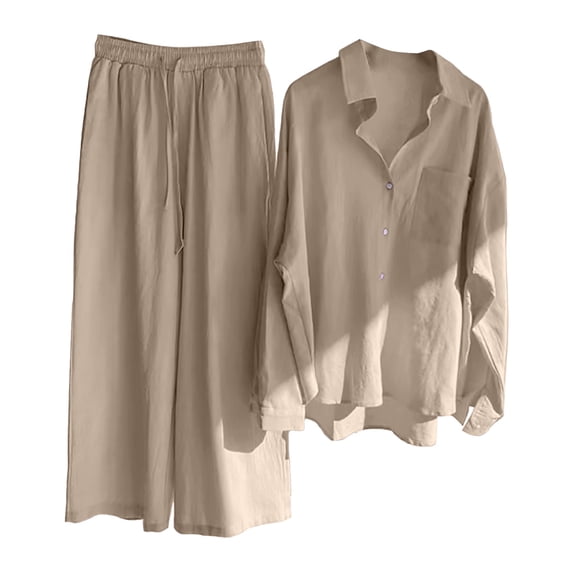 Harpily Pants Women Casual Solid Retro Plus Size Cotton Button Shirt High Waist Loose Pocket Long Pant Suit Beige Beige S