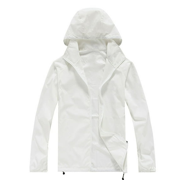 Harpily Plus Size Coat Women Solid Rain Jacket Outdoor Plus Size Hooded Windproof Loose Coat Water Proof Raglan Cuff Storage Bag White White L
