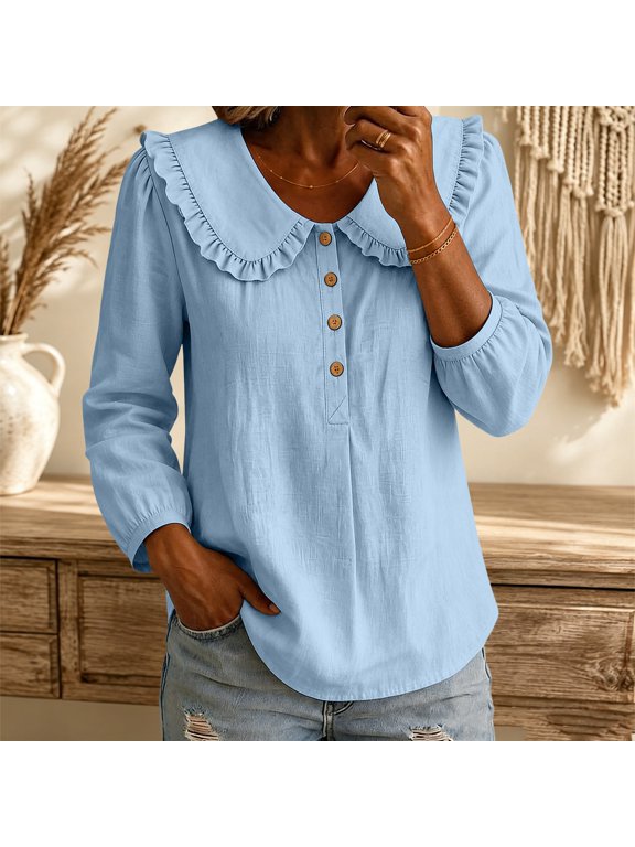 Puff Long Sleeve Shirts for Women Ruffled Collar Neck with Partial Button Front Outfits for Women Casual Daily Work Weekend
