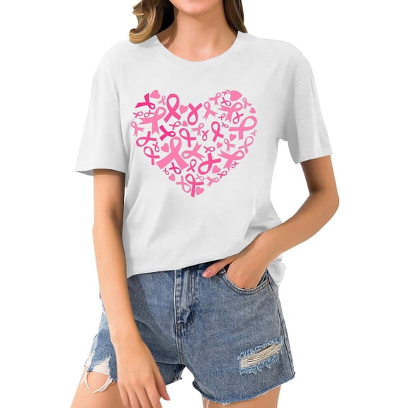 Harpily Shirts for Women Women Breast Cancer Heart Ribbon Print Loose Casual Short Sleeve T Shirt
