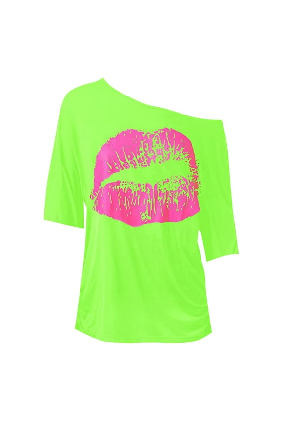 Shirts for Women Women's Casual Off Shoulder Shoulder Nostalgic Big Lip Print 80s Clothing Women's Shoulder Sleeved T Shirt Top