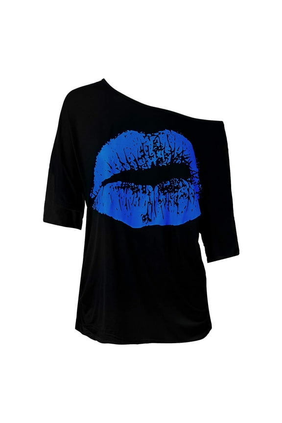 Shirts for Women Women's Casual Off Shoulder Shoulder Nostalgic Big Lip Print 80s Clothing Women's Shoulder Sleeved T Shirt Top