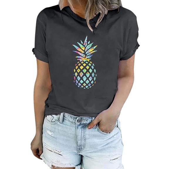 Harpily Shirts for Women Women's Pineapple Print T Shirt Short Sleeved Summer Pattern Casual Shirt