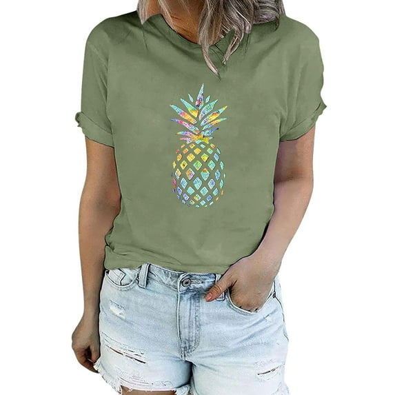 Harpily Shirts for Women Women's Pineapple Print T Shirt Short Sleeved Summer Pattern Casual Shirt