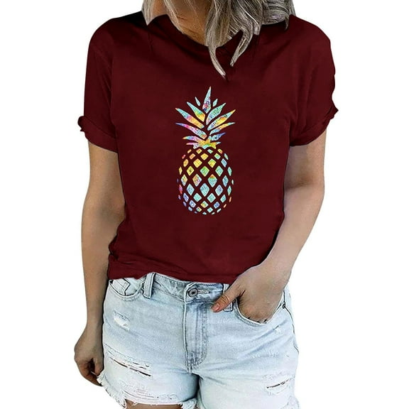 Harpily Shirts for Women Women's Pineapple Print T Shirt Short Sleeved Summer Pattern Casual Shirt