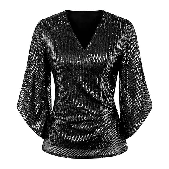 Harpily Shirts for Women Womens Sequin Tops 3/4 Sleeve Glitter Sparkly Blouse V Neck Tops For Evening