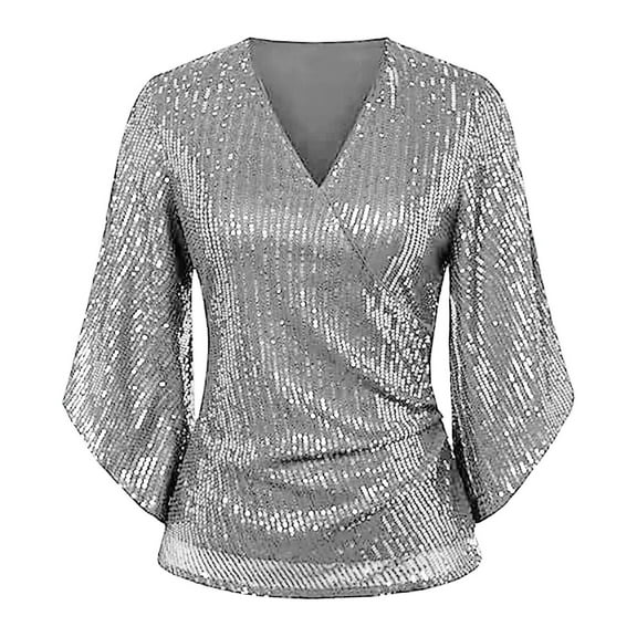 Harpily Shirts for Women Womens Sequin Tops 3/4 Sleeve Glitter Sparkly Blouse V Neck Tops For Evening