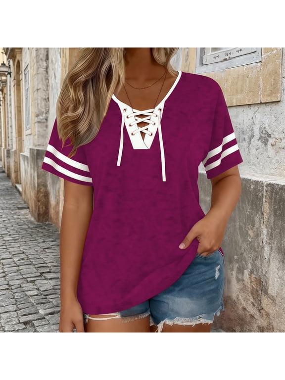 Short Sleeve T-Shirts for Women Soft Cotton Blend V Neck Crisscross Lace Up with Double Stripe Daily Blouse