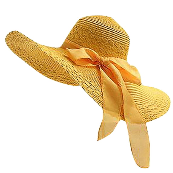 Harpily Sun Hat Women Straw Solid Color Natural Woven Material with Classic Floppy Brim and Fashion Bow Daily Sun Visor Hat
