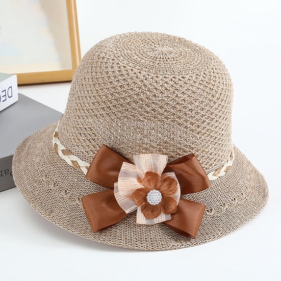 Harpily Sun Hat for Women French Retro Woven Ruffled Bow Decor Lightweight Wide Brim Bucket Hat for Beach Travel Daily Wear