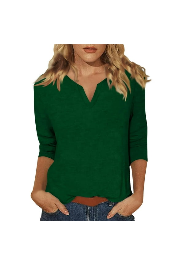Sweater for Women 3/ Sleeve Tops For Women Summer Notched V Neck Plain T Shirts Casual Cute Three Quarter Length Blouses