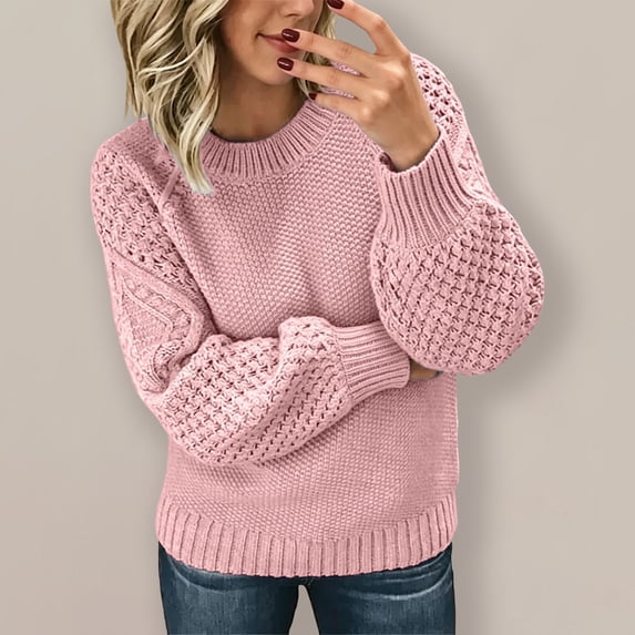 Harpily Sweaters for Women Crew Neck Long Sleeve Shirts 3D Textured Cable Knit Lightweight Soft Womens Knitted Pullover for Fall Outfits