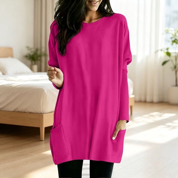 Harpily Long Sleeve Shirts for Women Crew Neck Tunic Length Loose Fit with Side Pockets Fall Outfits for Women Casual Daily Weekend Outfits
