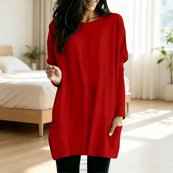 Harpily Long Sleeve Shirts for Women Crew Neck Tunic Length Loose Fit with Side Pockets Fall Outfits for Women Casual Daily Weekend Outfits