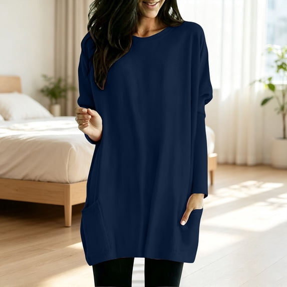Harpily Long Sleeve Shirts for Women Crew Neck Tunic Length Loose Fit with Side Pockets Fall Outfits for Women Casual Daily Weekend Outfits