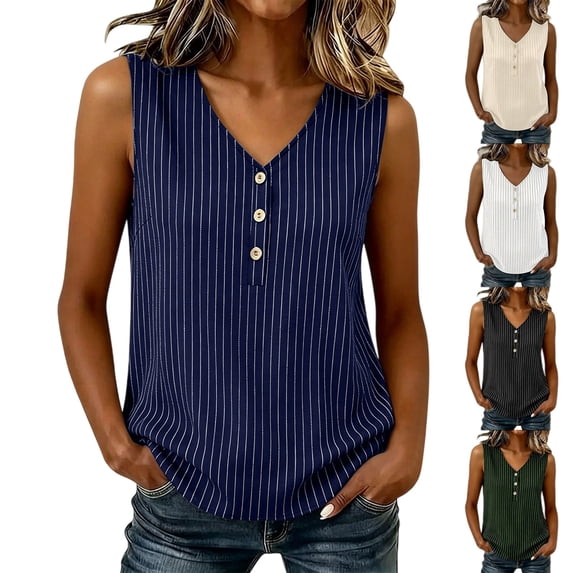 Harpily Tank Tops for Women V Neck Breathable Sleeveless with Decorative Buttons and Relaxed Loose Curved Hem