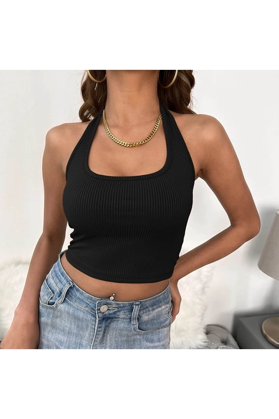 Harpily Tanks & Camis Gifts For Women Solid Rib Halter Neck Backless Crop Top Navel Suspender Top Black XXL