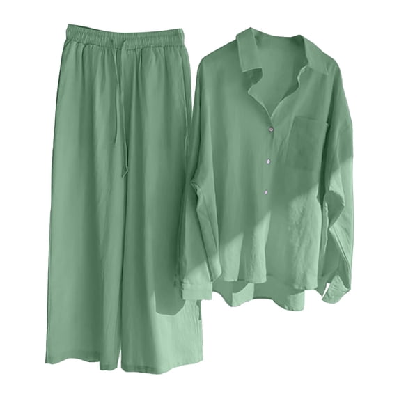 Harpily Trousers Suit Women Casual Solid Retro Plus Size Cotton Button Shirt High Waist Loose Pocket Long Pant Suit Green Green XL