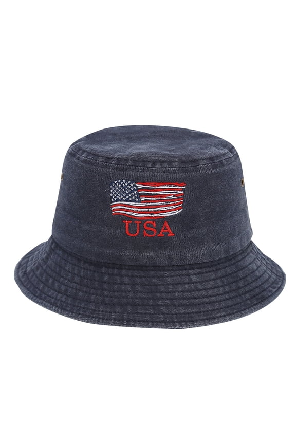Unisex Bucket Hats USA Flag Embroidered Breathable Blend Portable Packable Washed Sun Protection Cap