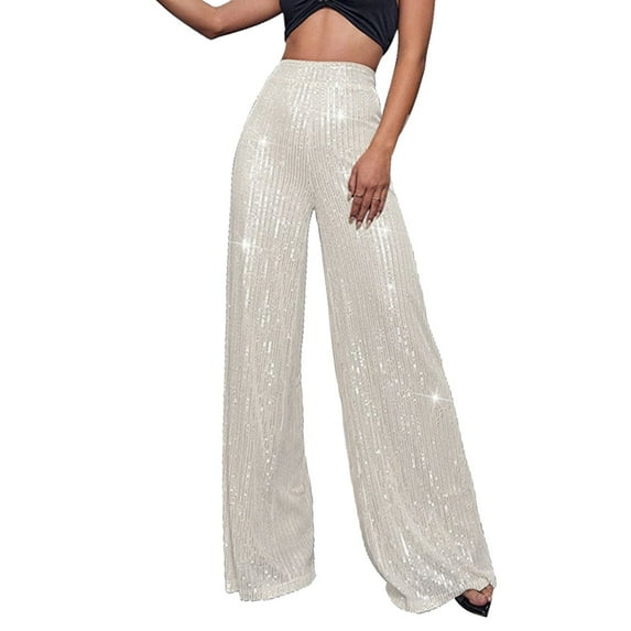 Harpily Women Plus Size Pants High Waisted Sequin Loose Drape Wide Leg Pants Fashion Casual Pants White L