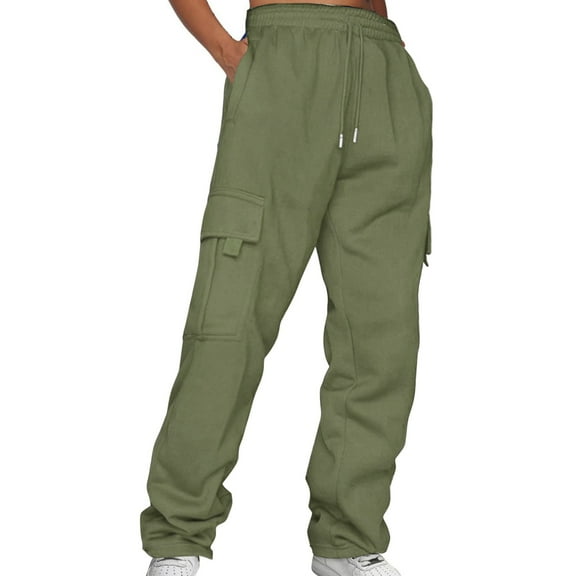 Harpily Women Plus Size Pants Ladies' Solid Drawstring Elastic Waist Pocket Pants Slacks Army Green M