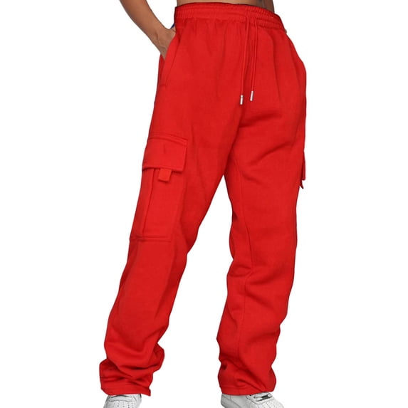 Harpily Women Plus Size Pants Ladies' Solid Drawstring Elastic Waist Pocket Pants Slacks Red S