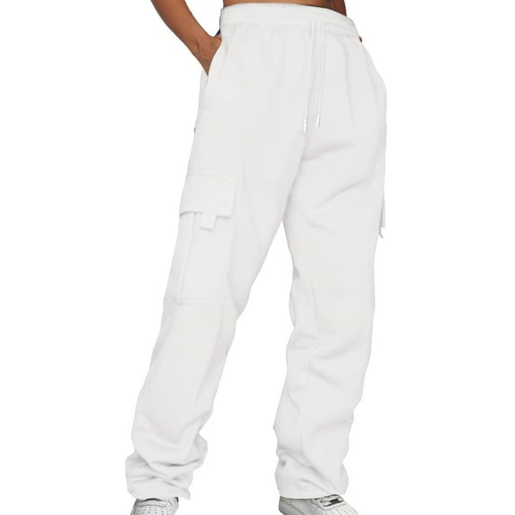 Harpily Women Plus Size Pants Ladies' Solid Drawstring Elastic Waist Pocket Pants Slacks White 5XL