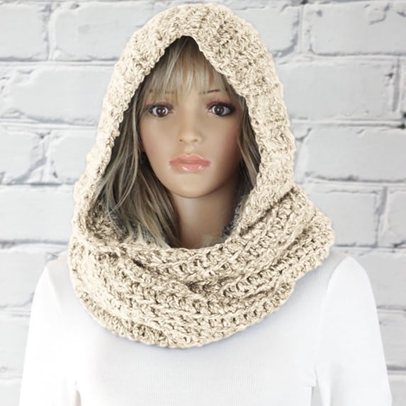 Harpily Women Scarves Solid Color Thick Knitted Hooded Soft Cozy Classic Plain Tone Thermal Neck Head Integrated Hat and Neck Wrap