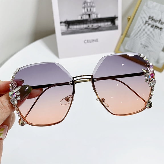 Harpily Women Sunglasses Sparkling Rhinestone Decor Glasses Rimless Trendy Internet Famous Sturdy Metal Frame Glitter