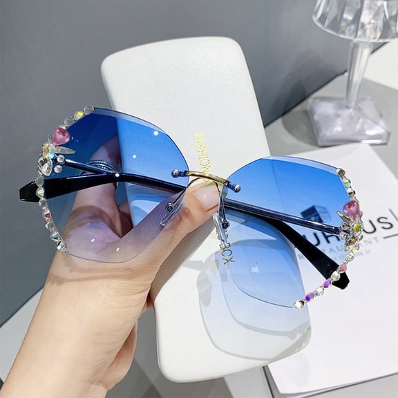 Harpily Women Sunglasses Sparkling Rhinestone Decor Glasses Rimless Trendy Internet Famous Sturdy Metal Frame Glitter