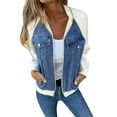 thumbnail image 1 of Harpily Women's Casual Shirt Women's Long Sleeve Denim Jacket Casual Zipper Color Block Denim Shirt Top, 1 of 5
