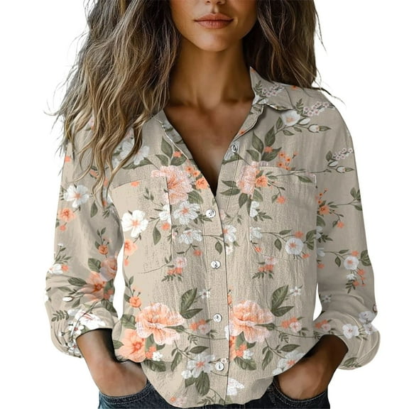 Harpily Women's Casual Shirt Womens Linen Down Shirts Floral Printed V Neck Long Sleeve Blouse Collared Boho Shirt Casual Tops With Pocket