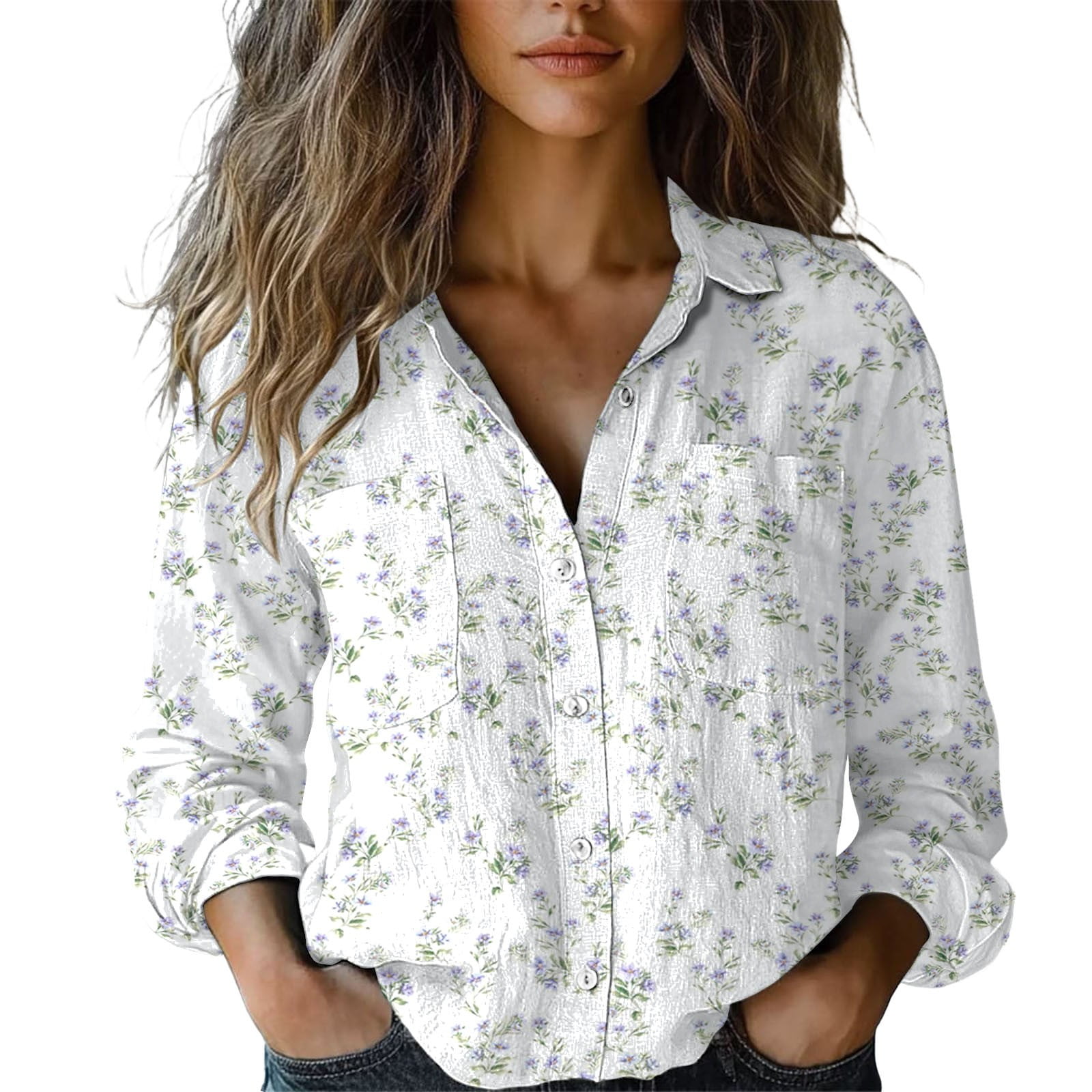 Harpily Women's Casual Shirt Womens Linen Down Shirts Floral Printed V ...