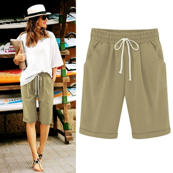 Harpily Women's Shorts Women Summer Cotton Pants Plus Size High Waisted Shorts Lacing Beach Workout Pocket Five Point Pants Coffee M