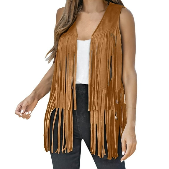Harpily Women's Slim-Fit Tank, Womens Fringe Vest 70s Costume Sleeveless Western Faux Suede Tassel Leather Outerwear