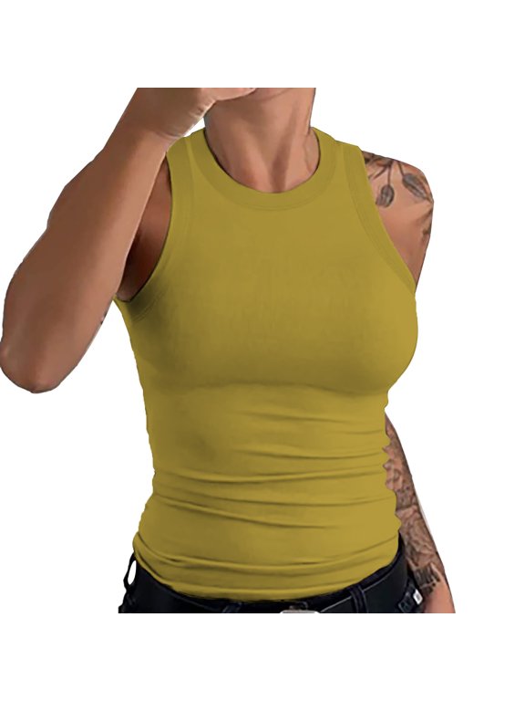 Women's Slim-Fit Tank, Womens Sleeveless Racerback High Neck Casual Basic Cotton Ribbed Tank Top