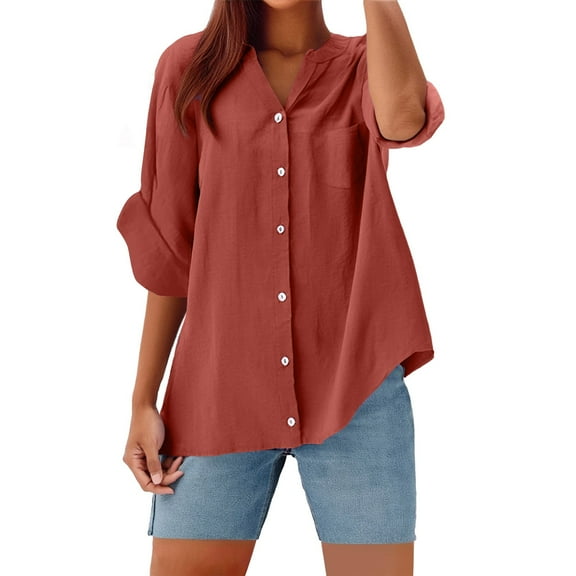 Harpily Women's Solid Colored Linen Blend Stand Collar Long Sleeve Button Shirt