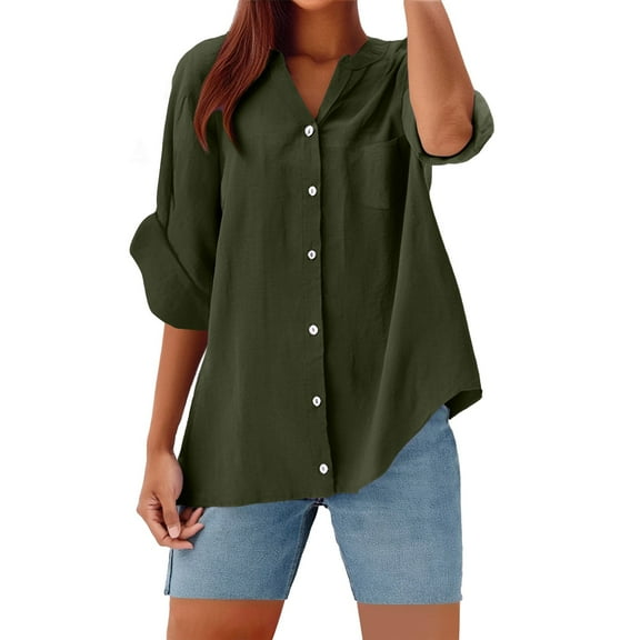 Harpily Women's Solid Colored Linen Blend Stand Collar Long Sleeve Button Shirt