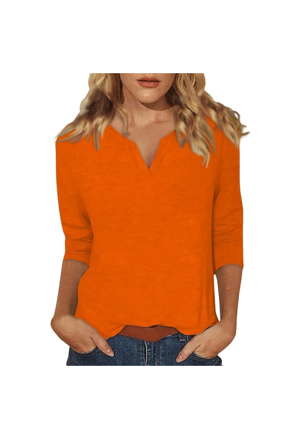 Clearance Women's Sweaters 3/ Sleeve Tops For Women Summer Notched V Neck Plain T Shirts Casual Cute Three Quarter Length Blouses