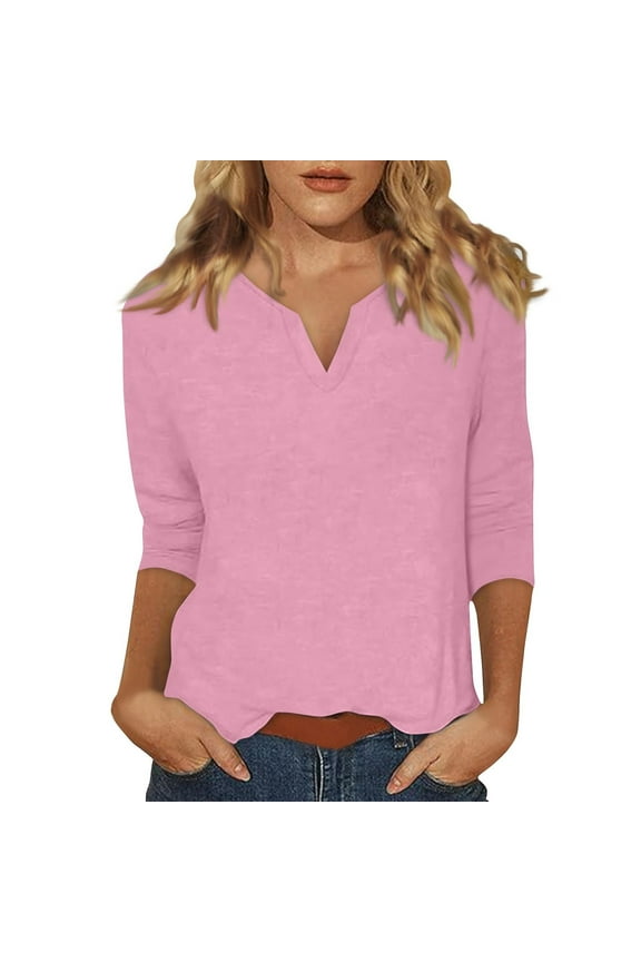 Women's Sweaters 3/ Sleeve Tops For Women Summer Notched V Neck Plain T Shirts Casual Cute Three Quarter Length Blouses