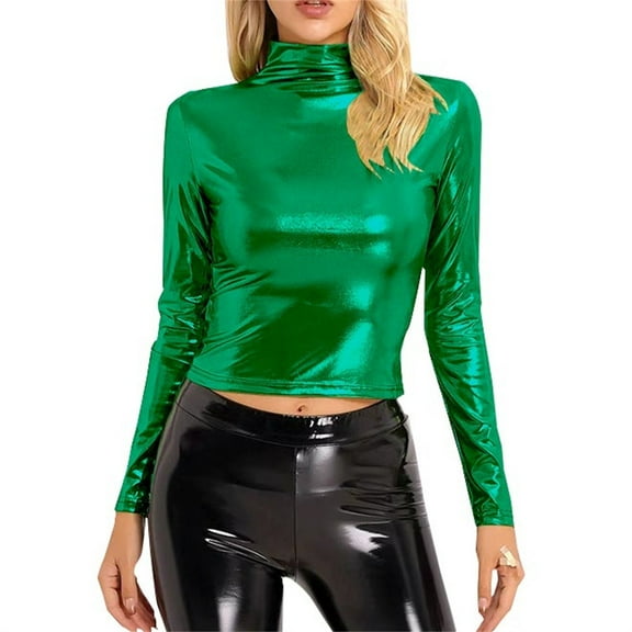 Harpily Women's Sweaters Women's Metallic Liquid Mock Neck Turtleneck Crop Top Long Sleeve/Sleeveless Tank Top T Shirt