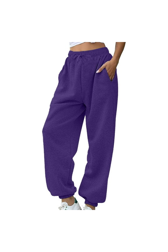 Harpily Women's Sweatpants Petite Length Pockets Pants Casual Workout Athletic Joggers Drawstring Waist Sweat Purple XL