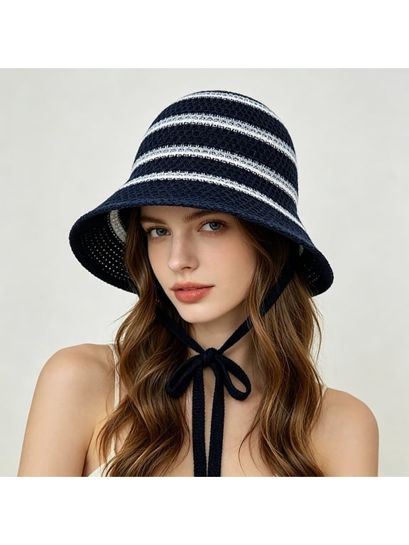Womens Bucket Hat Striped Lightweight Hollow Knit Boater Hat Oversized Wide Brim Sun Hat for Daily Travel Beach