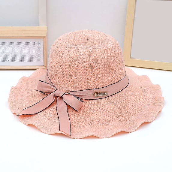 Harpily Womens Bucket Hat Vintage Hollow Woven Foldable Ruffled Edge Bow Decor UV Protection Hat Daily Shading Fishermen Hat