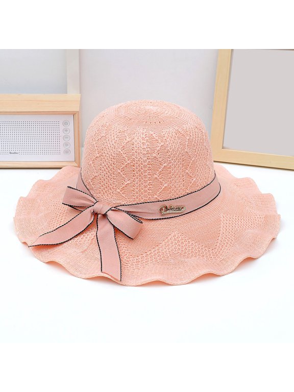 Womens Bucket Hat Vintage Hollow Woven Foldable Ruffled Edge Bow Decor UV Protection Hat Daily Shading Fishermen Hat