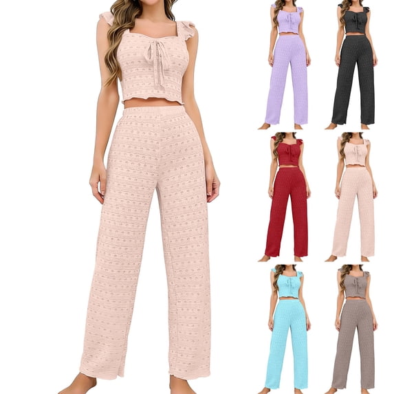 Harpily Womens Pajama Set 2 Piece Sleeveless Lace Trim Camisole Top with Cute Fly Sleeve Spring Summer Home Night Wear L